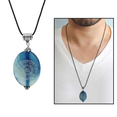 Hilyei Şerif Yazılı Yemen Zırhı Mavi Yemen Akik Taşı Erkek Kolye - Tesbihane