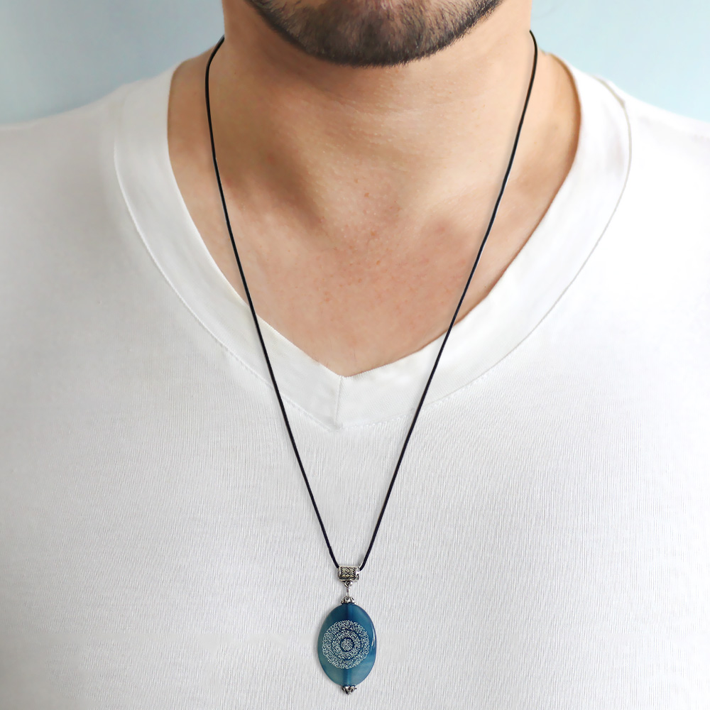 Hilyei Şerif Yazılı Mavi Yemen Akik Taşı Erkek Kolye - Yemen Zırhı - 2