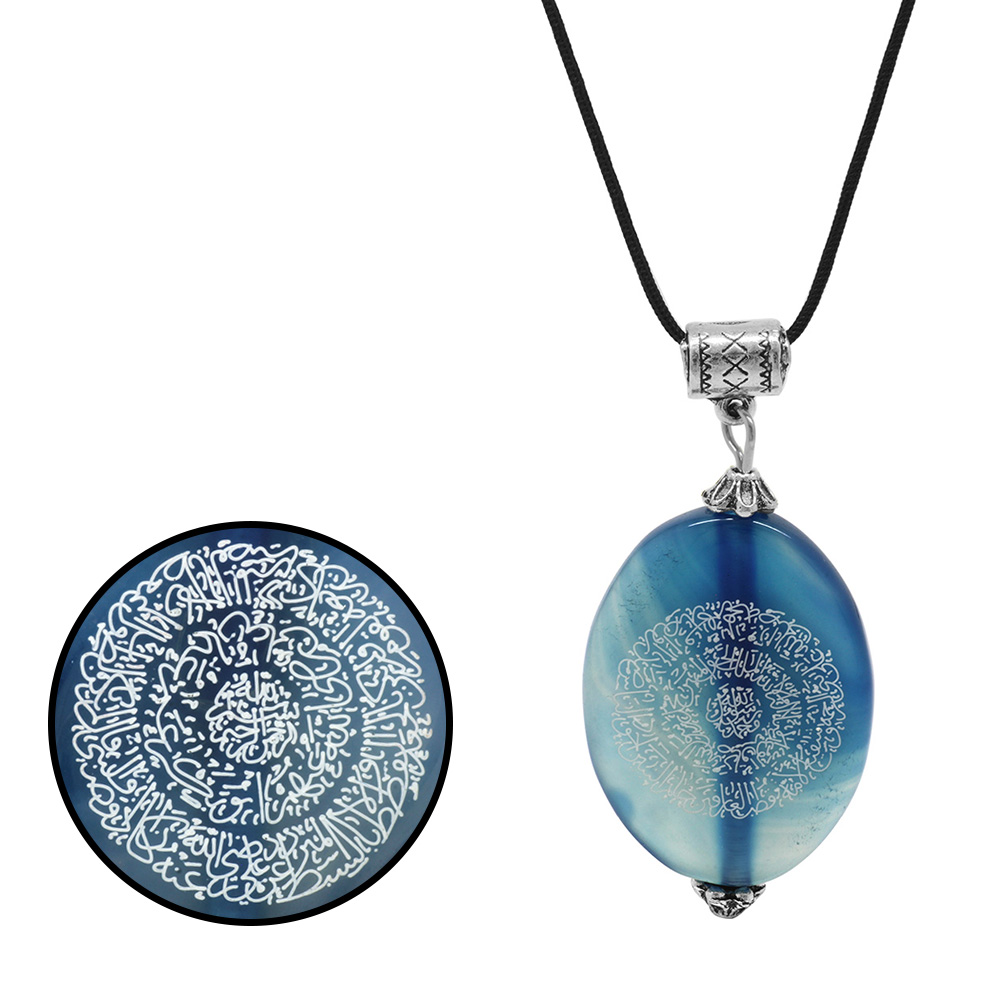 Hilyei Şerif Yazılı Mavi Yemen Akik Taşı Kadın Kolye - Yemen Zırhı - 3