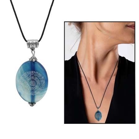 Hilyei Şerif Yazılı Mavi Yemen Akik Taşı Kadın Kolye - Yemen Zırhı - Tesbihane