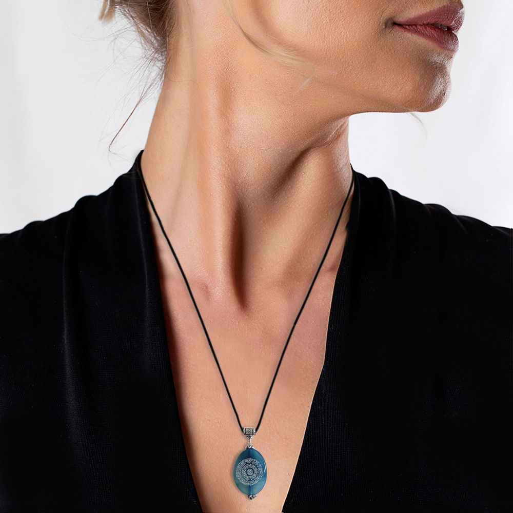 Hilyei Şerif Yazılı Mavi Yemen Akik Taşı Kadın Kolye - Yemen Zırhı - 2