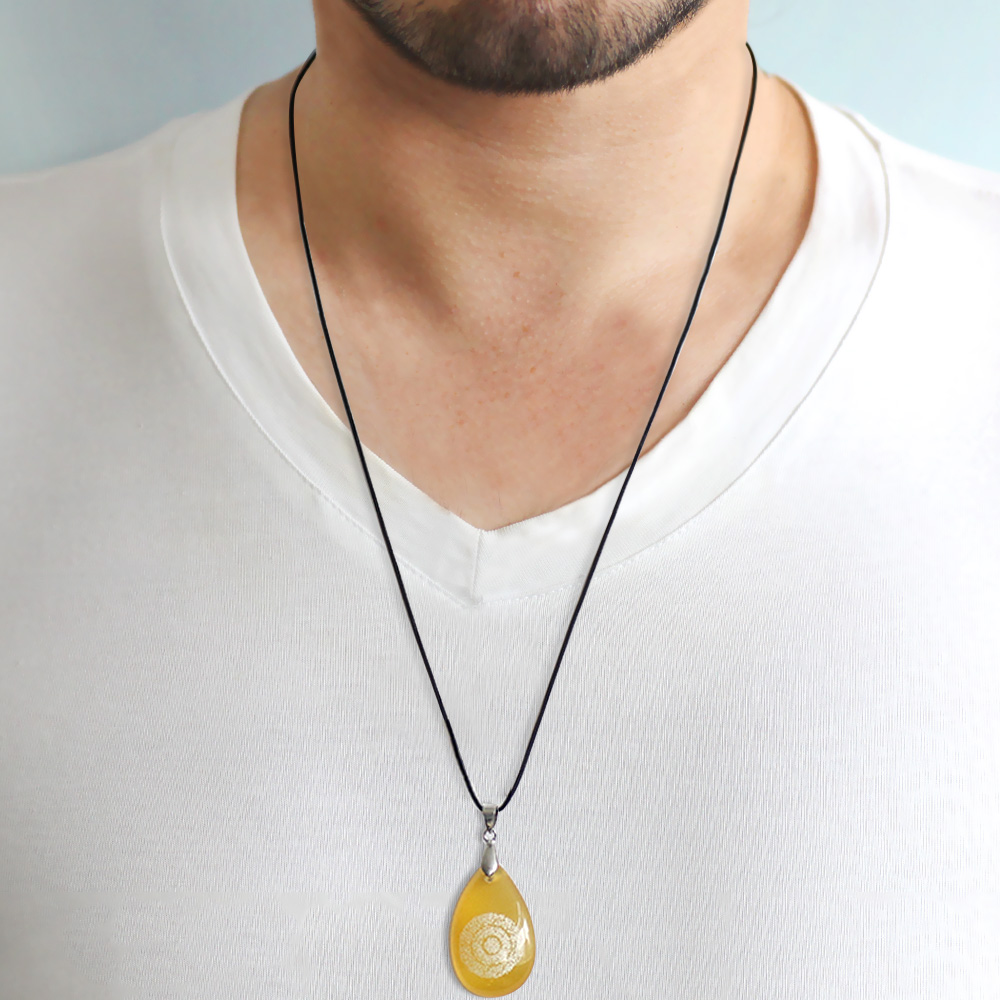 Hilyei Şerif Yazılı Sarı Yemen Akik Taşı Erkek Kolye - Yemen Zırhı - 2