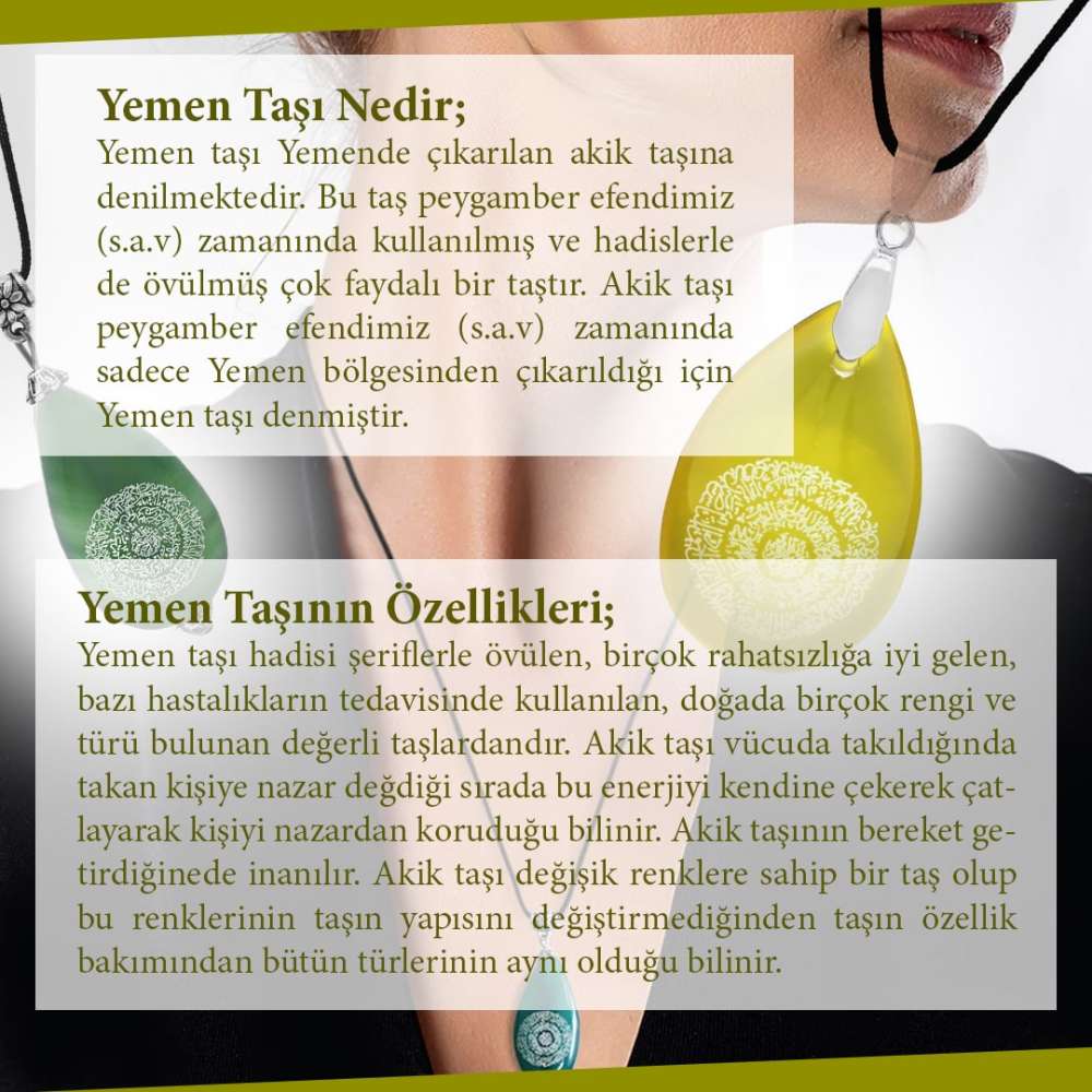 Hilyei Şerif Yazılı Yemen Zırhı Sarı Yemen Akik Taşı Kadın Kolye - 6