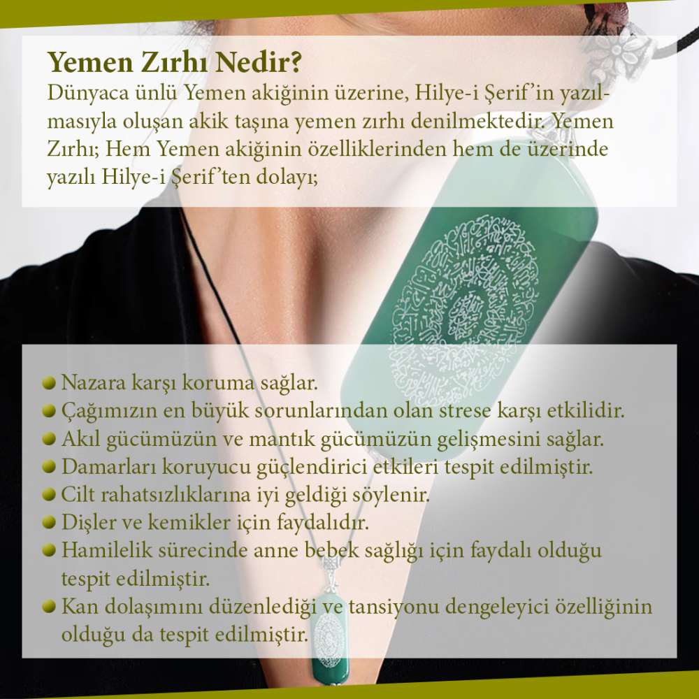 Hilyei Şerif Yazılı Yemen Zırhı Sarı Yemen Akik Taşı Kadın Kolye - 7