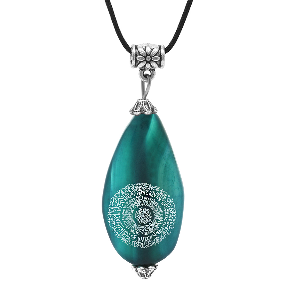 Hilyei Şerif Yazılı Turkuaz Yemen Akik Taşı Erkek Kolye - Yemen Zırhı - 4