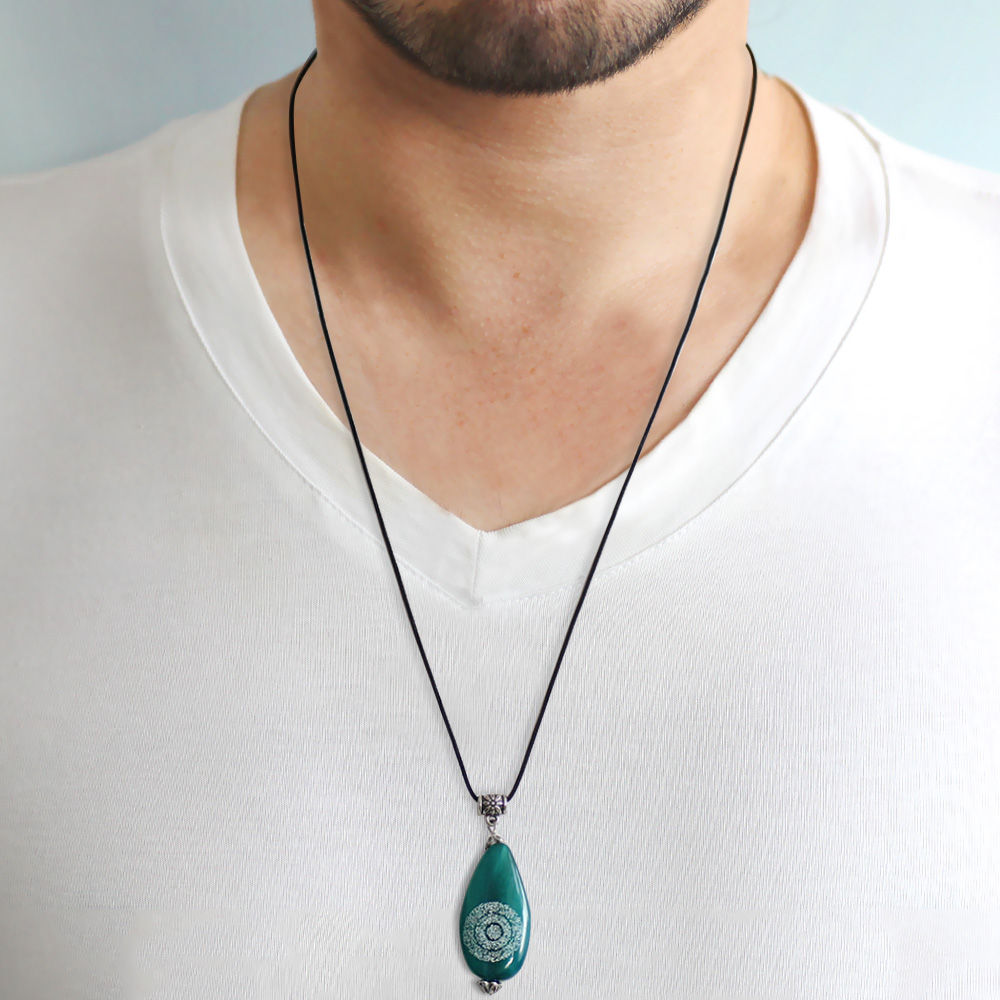 Hilyei Şerif Yazılı Turkuaz Yemen Akik Taşı Erkek Kolye - Yemen Zırhı - 2