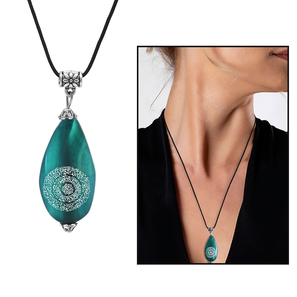 Hilyei Şerif Yazılı Turkuaz Yemen Akik Taşı Kadın Kolye - Yemen Zırhı - 1