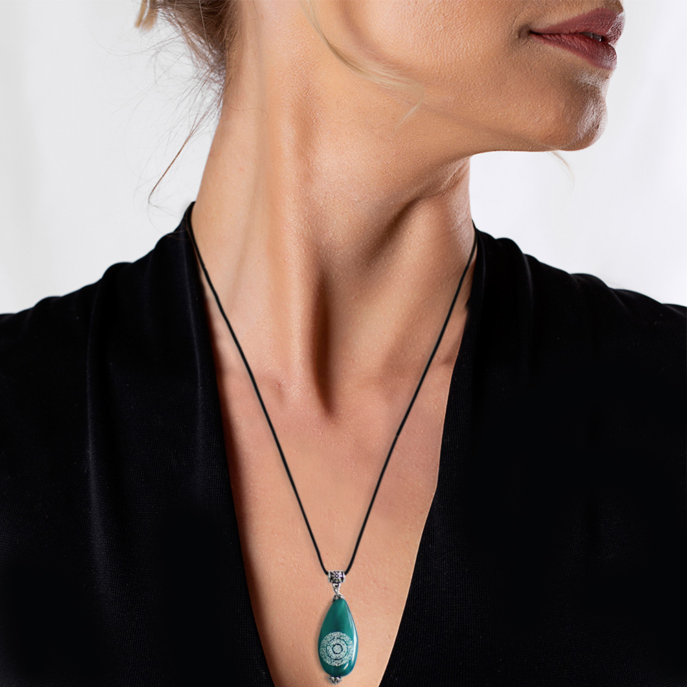 Hilyei Şerif Yazılı Turkuaz Yemen Akik Taşı Kadın Kolye - Yemen Zırhı - 2