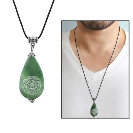 Hilyei Şerif Yazılı Yemen Zırhı Yeşil Yemen Akik Taşı Erkek Kolye - Tesbihane
