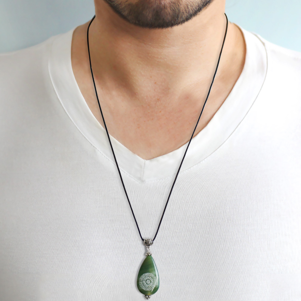 Hilyei Şerif Yazılı Yeşil Yemen Akik Taşı Erkek Kolye - Yemen Zırhı - 2