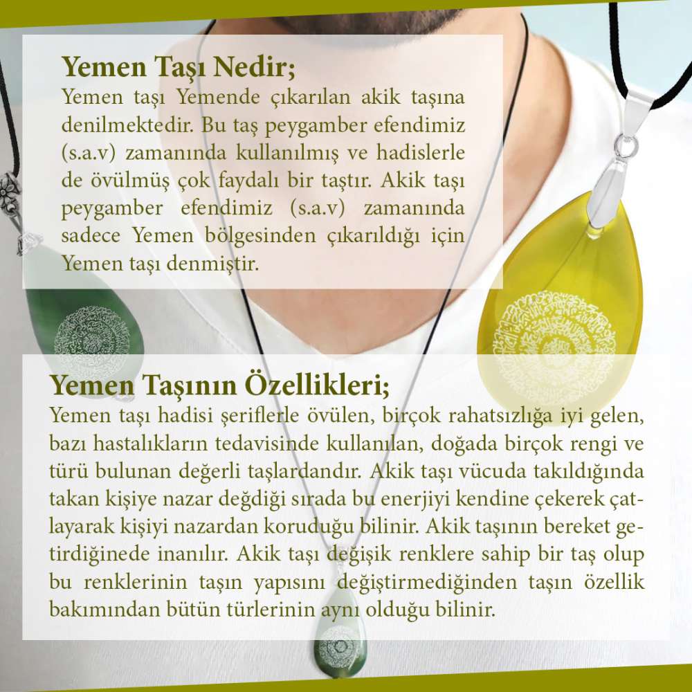 Hilyei Şerif Yazılı Yeşil Yemen Akik Taşı Erkek Kolye - Yemen Zırhı - 6