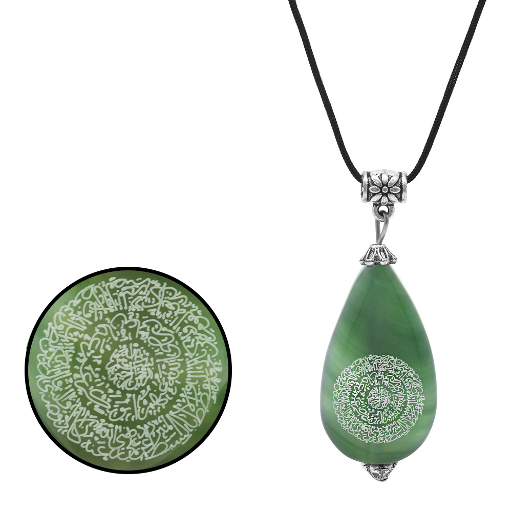 Hilyei Şerif Yazılı Yeşil Yemen Akik Taşı Kadın Kolye - Yemen Zırhı - 3