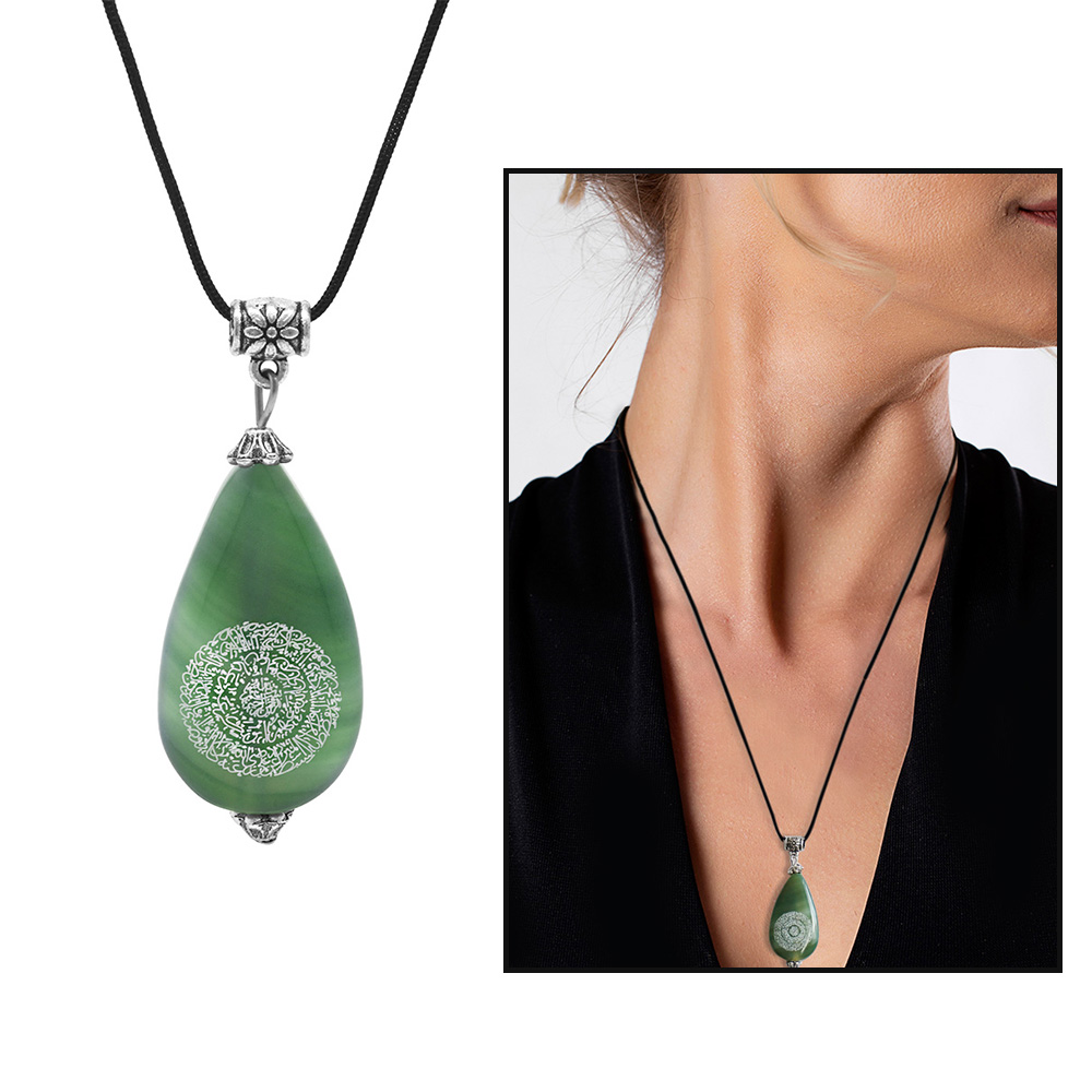 Hilyei Şerif Yazılı Yeşil Yemen Akik Taşı Kadın Kolye - Yemen Zırhı - 1