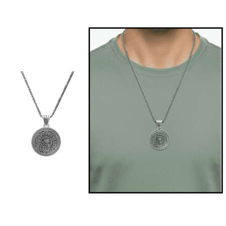 Hüsnü Hat Ayetel Kürsi Yazılı Kalın Zincirli 925 Ayar Gümüş Madalyon Kolye - Tesbihane