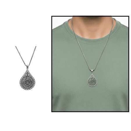 Hüsnü Hat Nazar Ayeti Yazılı Kalın Zincirli 925 Ayar Gümüş Madalyon Kolye - Tesbihane