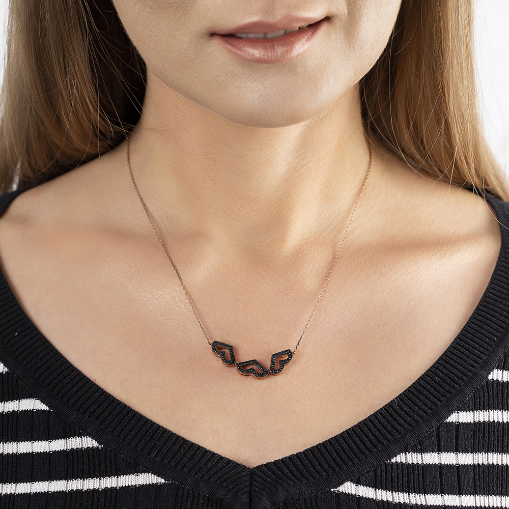 İki Kullanımlı 925 Ayar Gümüş Üç Kalp Taşlı Rose Kolye - M2 - 5