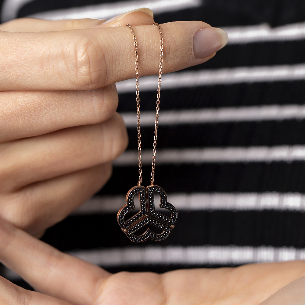 İki Kullanımlı 925 Ayar Gümüş Üç Kalp Taşlı Rose Kolye - M2 - 6