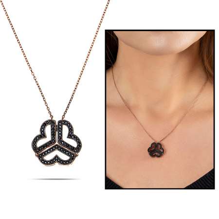 İki Kullanımlı 925 Ayar Gümüş Üç Kalp Taşlı Rose Kolye - M2 - Tesbihane