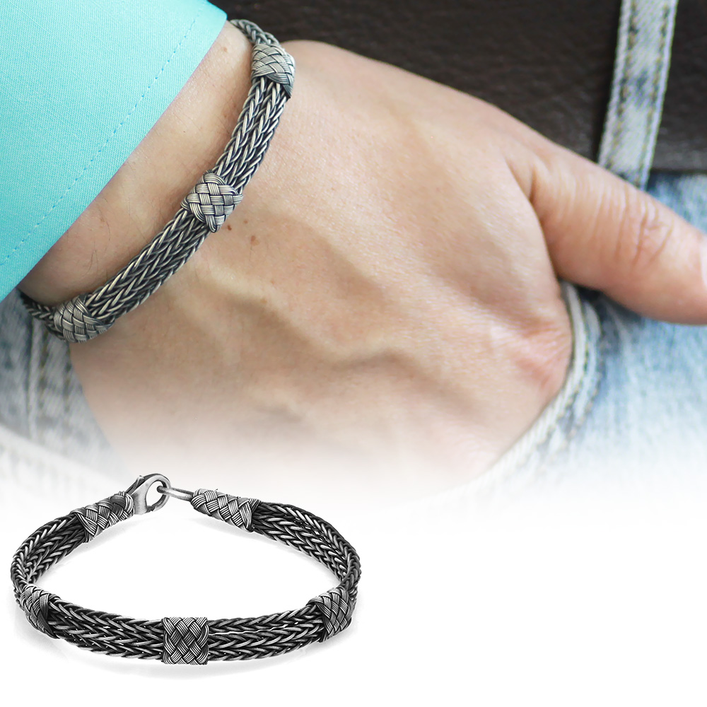 Titizlikle İşlenmiş El Örgüsü Asil Çerkez Tasarım 1000 Ayar Gümüş Kazaz Erkek Bileklik - 1