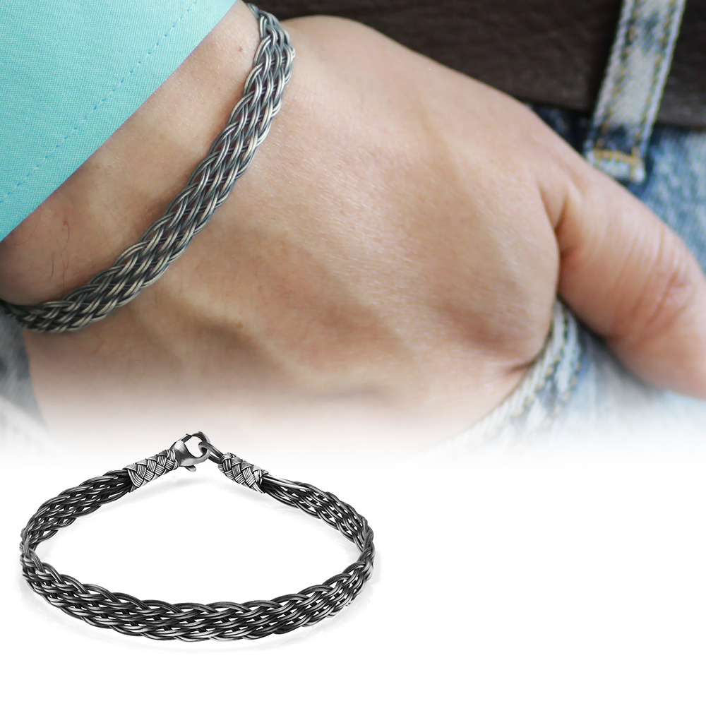 İlmek İlmek El Örgüsü Dört Sıra Geniş Tasarım Şık 1000 Ayar Gümüş Kazaz Erkek Bileklik - 1