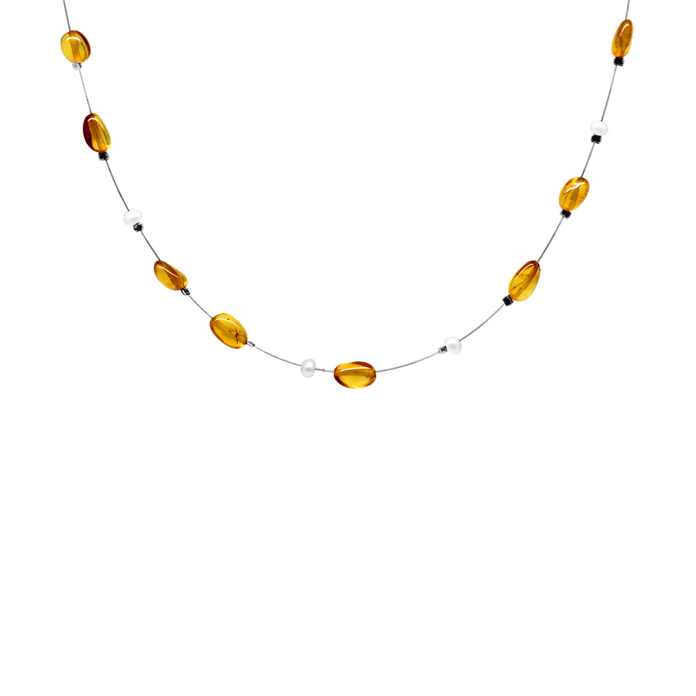 İnci Taş Süslemeli Çelik Telli 925 Ayar Gümüş Mekanizmalı Bal Renk Doğal Damla Kehribar Kadın Kolye - 2