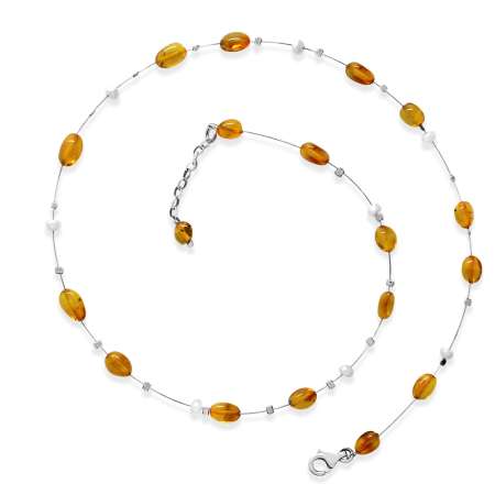 İnci Taş Süslemeli Çelik Telli 925 Ayar Gümüş Mekanizmalı Bal Renk Doğal Damla Kehribar Kadın Kolye - Tesbihane