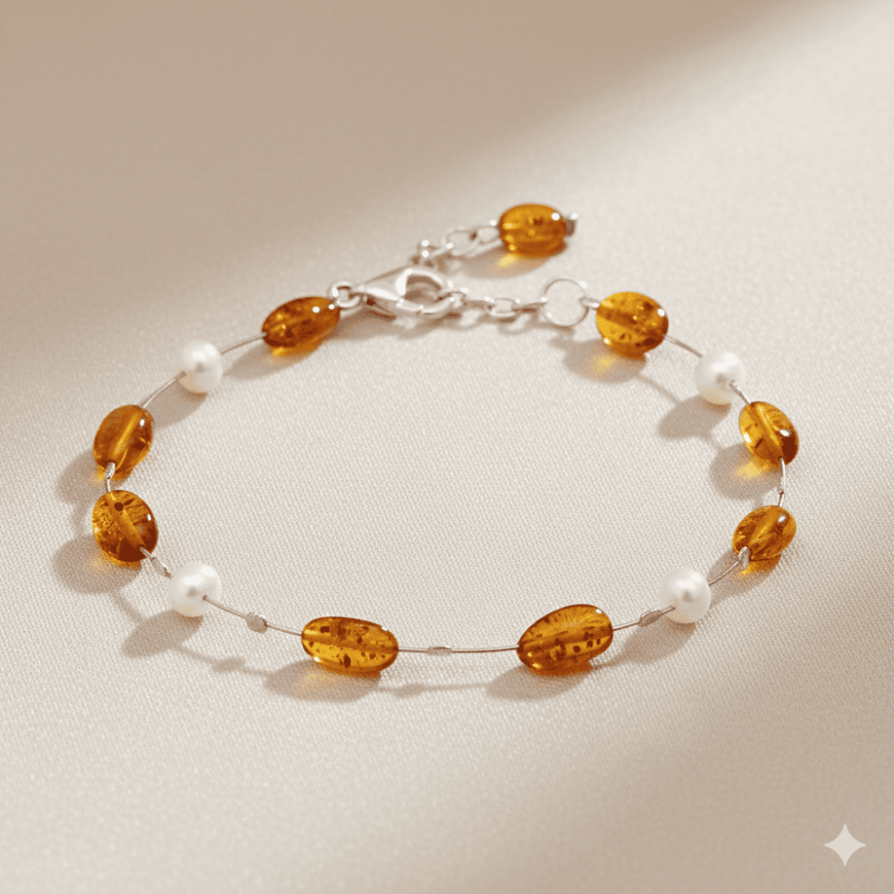 İnci Taş Süslemeli 925 Ayar Gümüş Bal Renk Doğal Damla Taşlı Kehribar Kadın Bileklik - 3