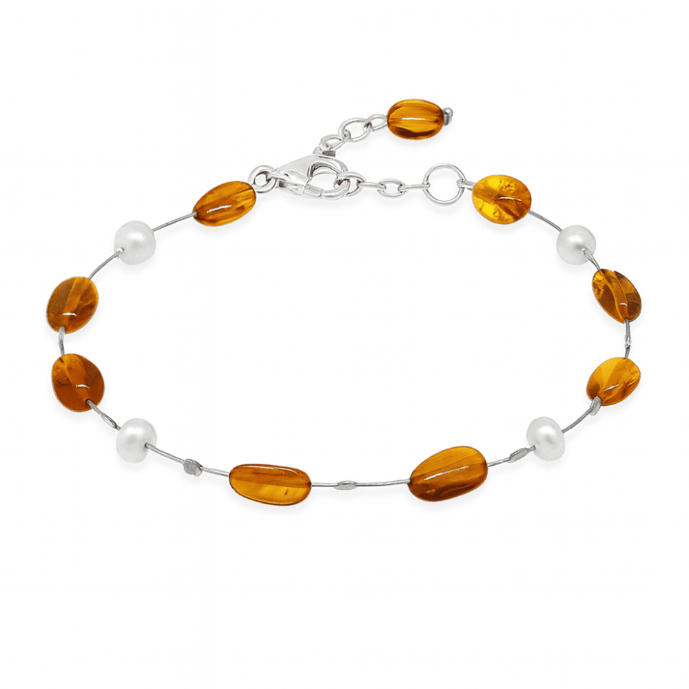 İnci Taş Süslemeli 925 Ayar Gümüş Bal Renk Doğal Damla Taşlı Kehribar Kadın Bileklik - 4