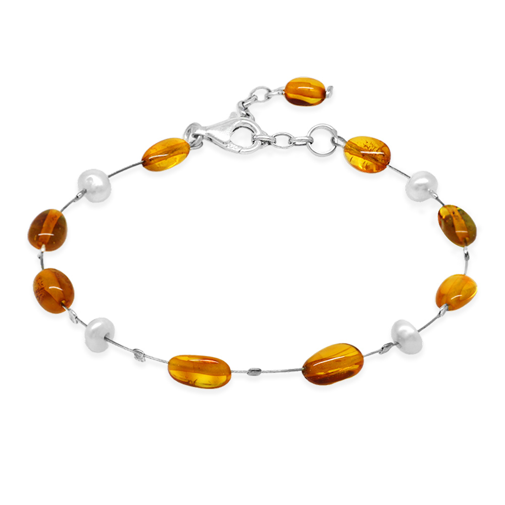 İnci Taş Süslemeli 925 Ayar Gümüş Bal Renk Doğal Damla Taşlı Kehribar Kadın Bileklik - 5