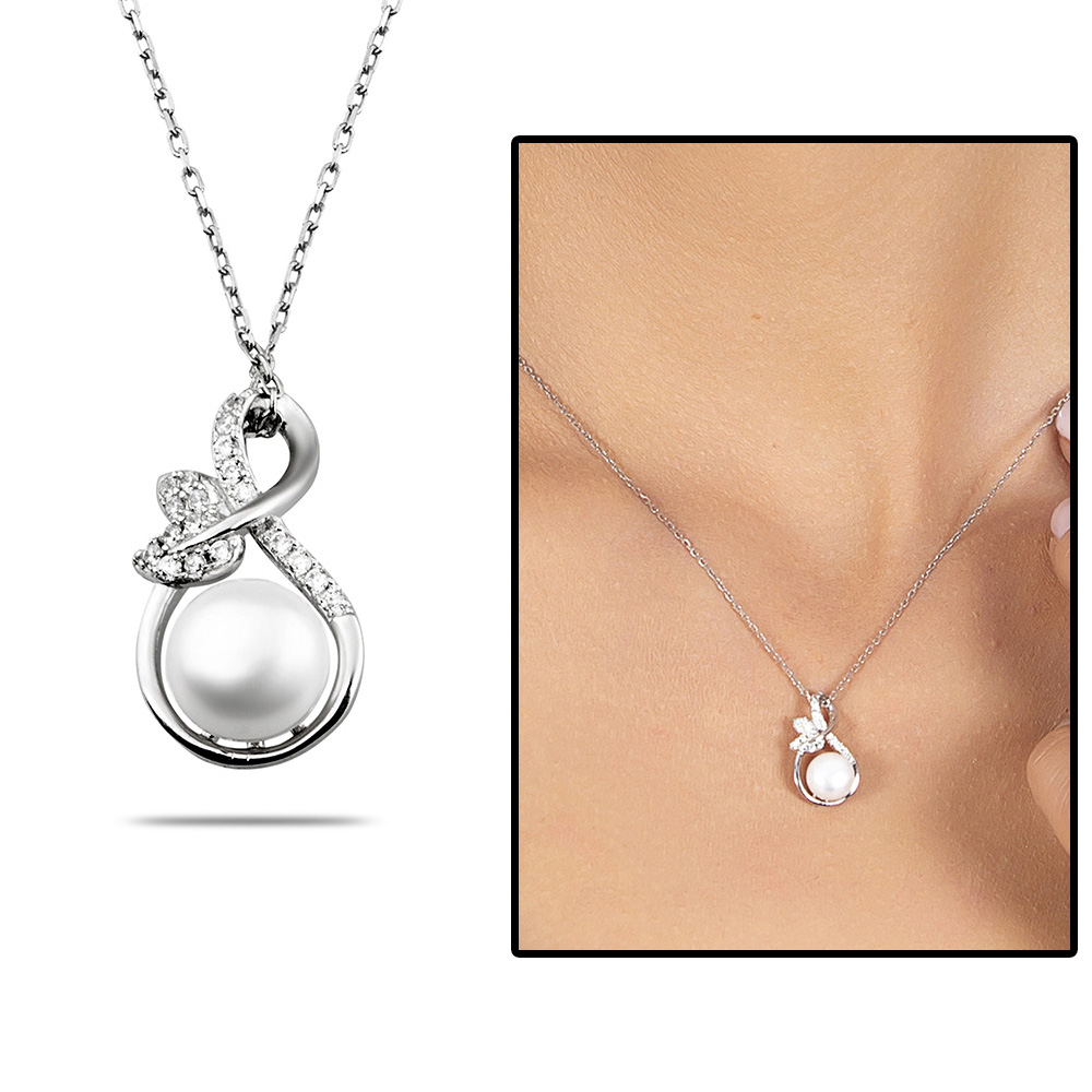 İnci Zirkon Taşlı Sonsuzluk Tasarım Çiçek Detaylı 925 Ayar Gümüş Kadın Kolye - 1