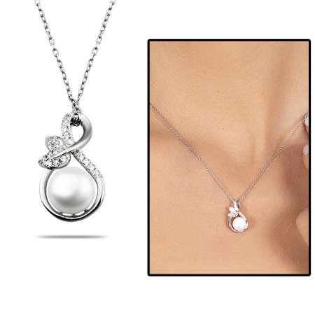 İnci Zirkon Taşlı Sonsuzluk Tasarım Çiçek Detaylı 925 Ayar Gümüş Kadın Kolye - Tesbihane