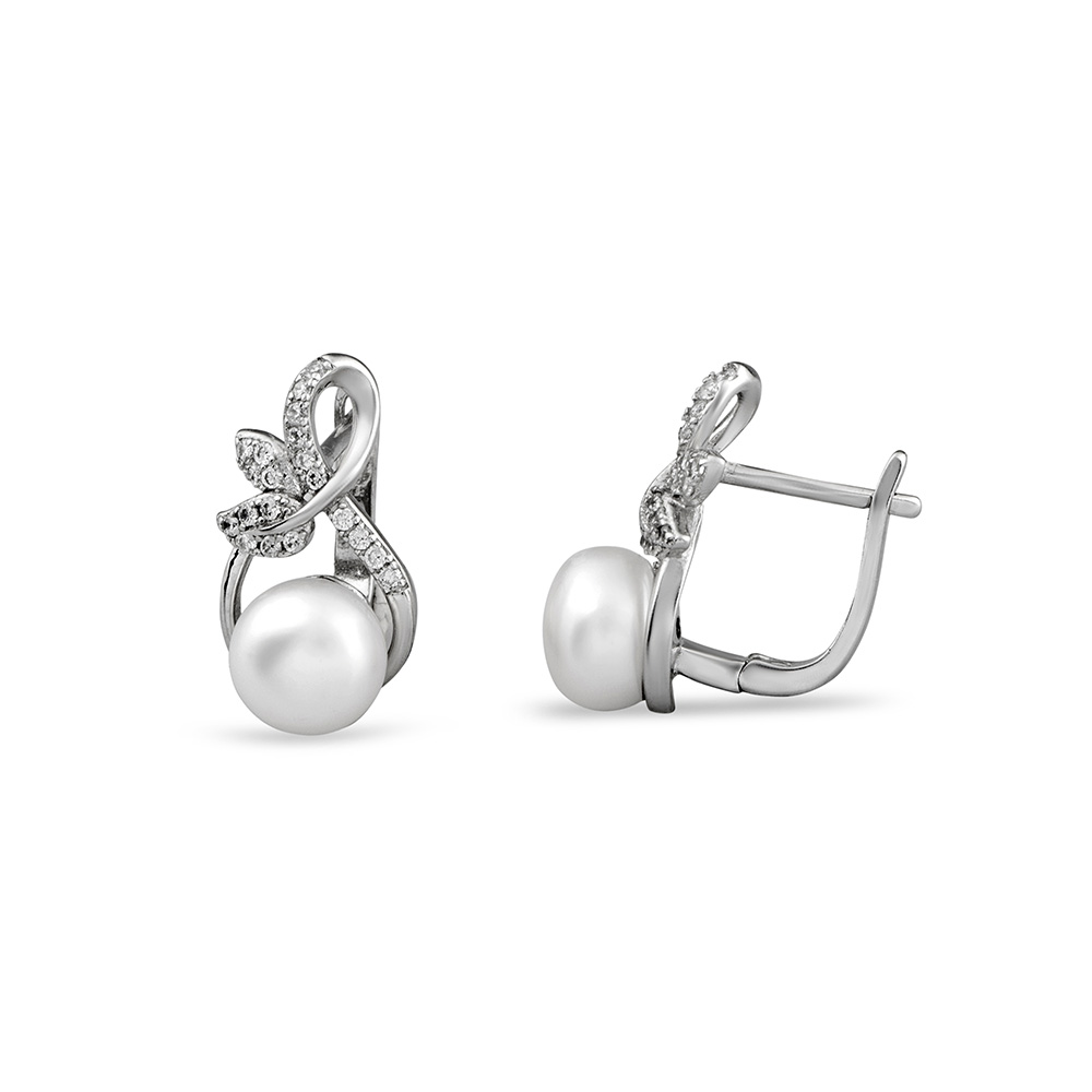 İnci Zirkon Taşlı Sonsuzluk Tasarım Çiçek Detaylı 925 Ayar Gümüş Küpe - 3