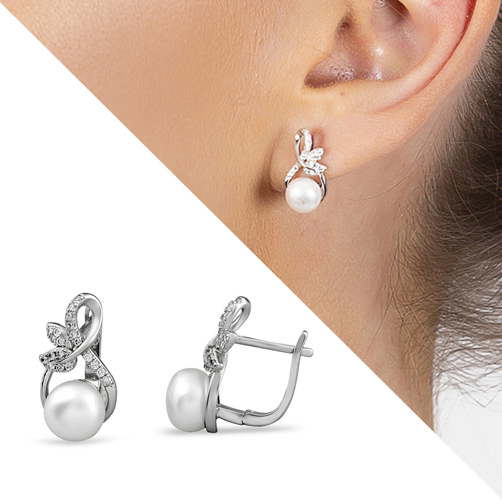 İnci Zirkon Taşlı Sonsuzluk Tasarım Çiçek Detaylı 925 Ayar Gümüş Küpe - 1