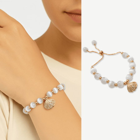 İncili İstiridye Tasarım Altın Renk Selenit Doğaltaş Kadın Bileklik - Tesbihane