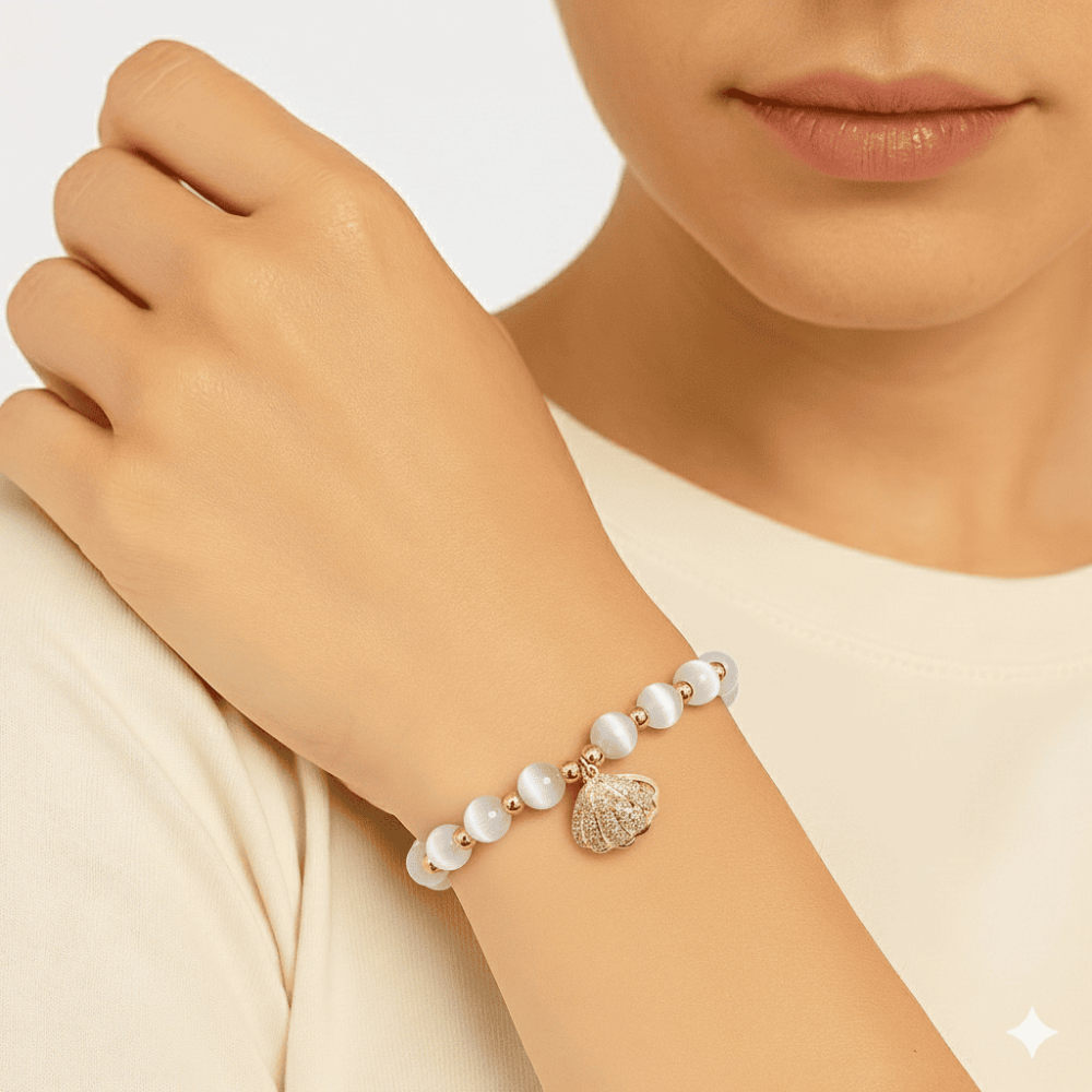 İncili İstiridye Tasarım Altın Renk Selenit Doğaltaş Kadın Bileklik - 2