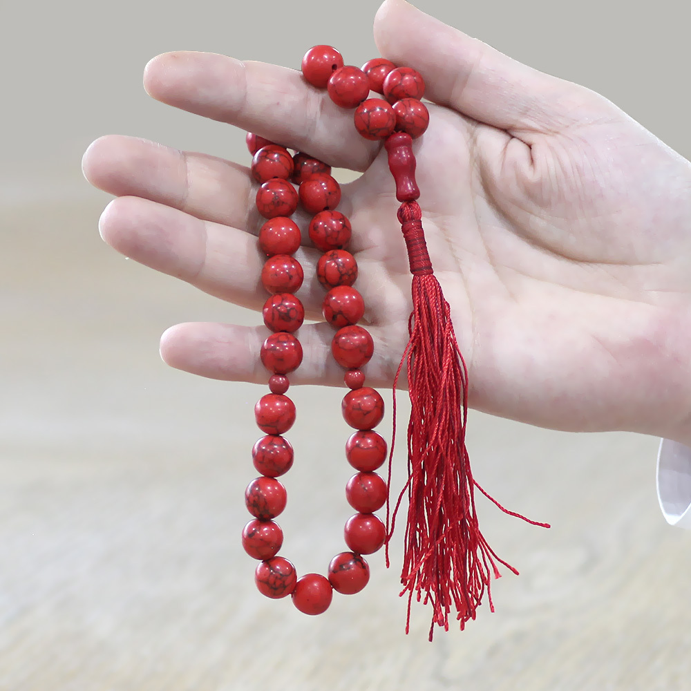 İran Mercanı Tesbih - Osmanlı Saray Püsküllü - Doğal Kırmızı Damar Yapılı - Küre Kesim - 2