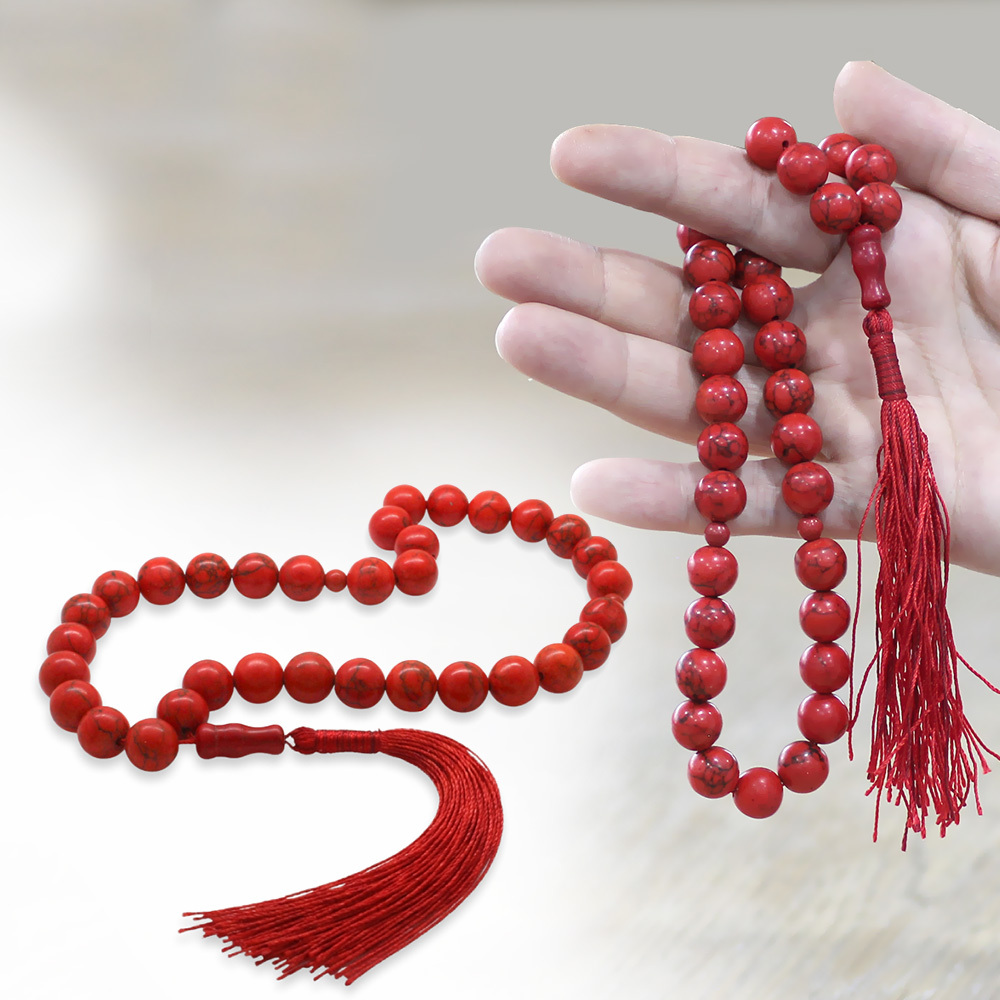 İran Mercanı Tesbih - Osmanlı Saray Püsküllü - Doğal Kırmızı Damar Yapılı - Küre Kesim - 1