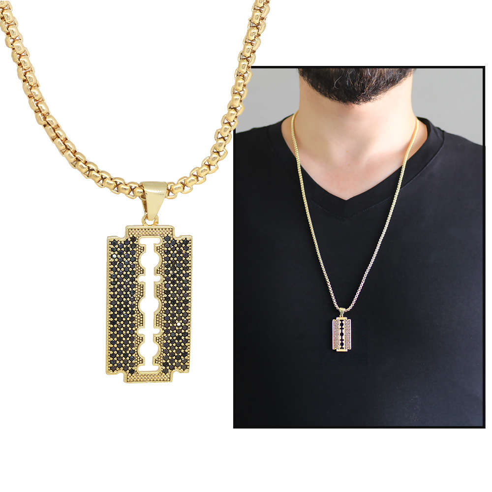 Jilet Tasarım Siyah Zirkon Taşlı Gold Renk Zincir Pirinç Kolye - 1