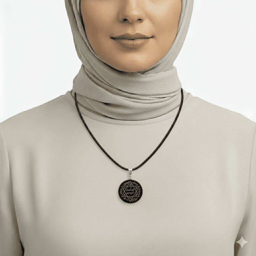 Kadın Akik Doğaltaş Cevşen Kolye - Mührü Süleyman ve Duası Yazılı - Oval Tasarım - Siyah Renk - 2