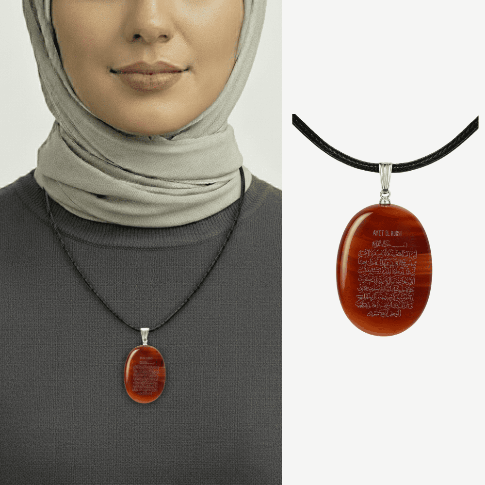 Kadın Akik Doğaltaş Cevşen Kolye - Üzeri Ayetel Kürsi Yazılı - Elips Tasarım - Kırmızı Renk - 1