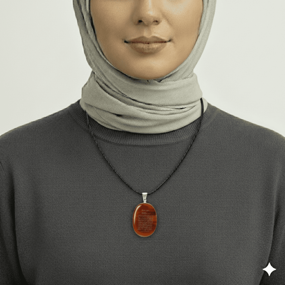 Kadın Akik Doğaltaş Cevşen Kolye - Üzeri Ayetel Kürsi Yazılı - Elips Tasarım - Kırmızı Renk - 2