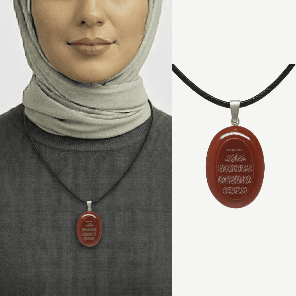 Kadın Akik Doğaltaş Cevşen Kolye - Üzeri Nazar Ayeti Yazılı - Elips Tasarım - Kırmızı Renk - 1