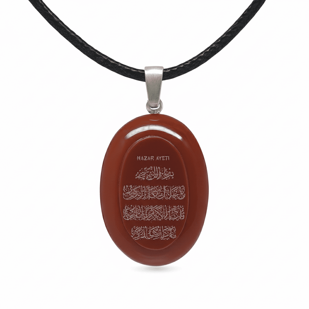 Kadın Akik Doğaltaş Cevşen Kolye - Üzeri Nazar Ayeti Yazılı - Elips Tasarım - Kırmızı Renk - 4