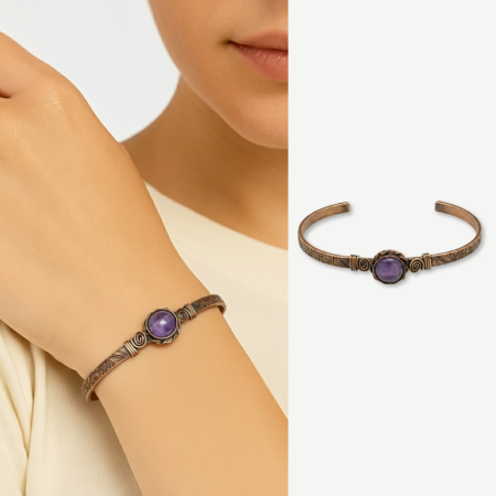 Kadın Bakır Bileklik - Ametist Doğaltaşlı - Otantik Tasarım - Ayarlanabilir Yapı - Tesbihane