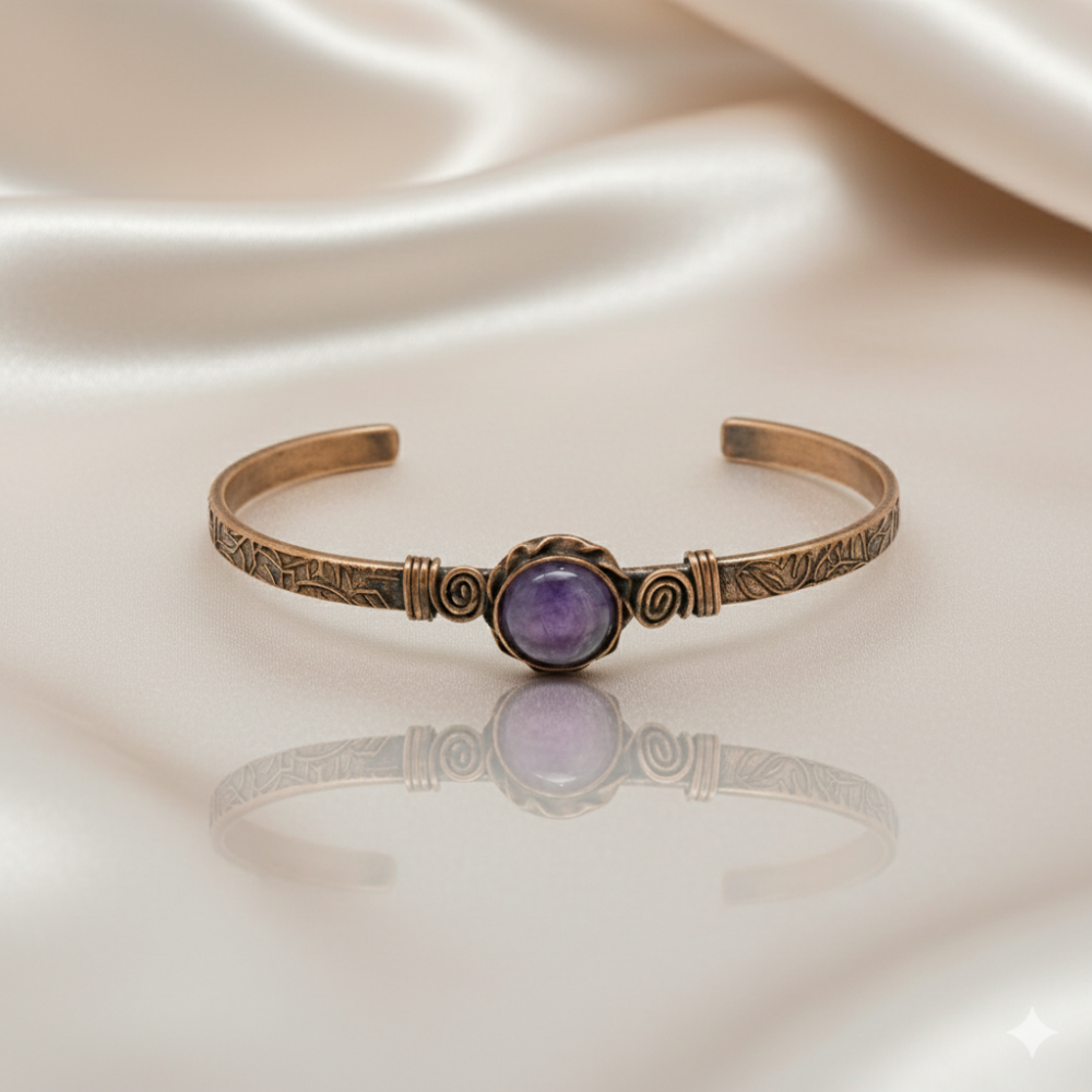 Kadın Bakır Bileklik - Ametist Doğaltaşlı - Otantik Tasarım - Ayarlanabilir Yapı - 3