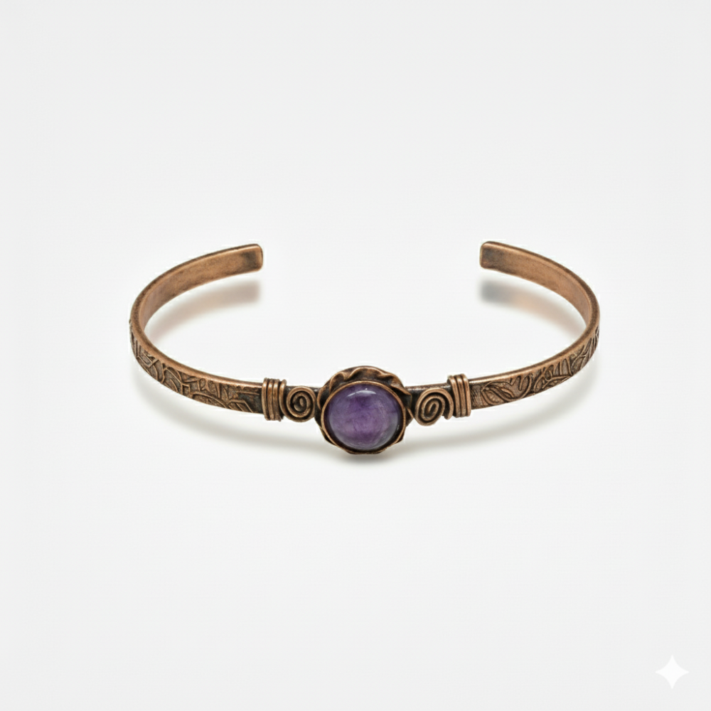 Kadın Bakır Bileklik - Ametist Doğaltaşlı - Otantik Tasarım - Ayarlanabilir Yapı - 5