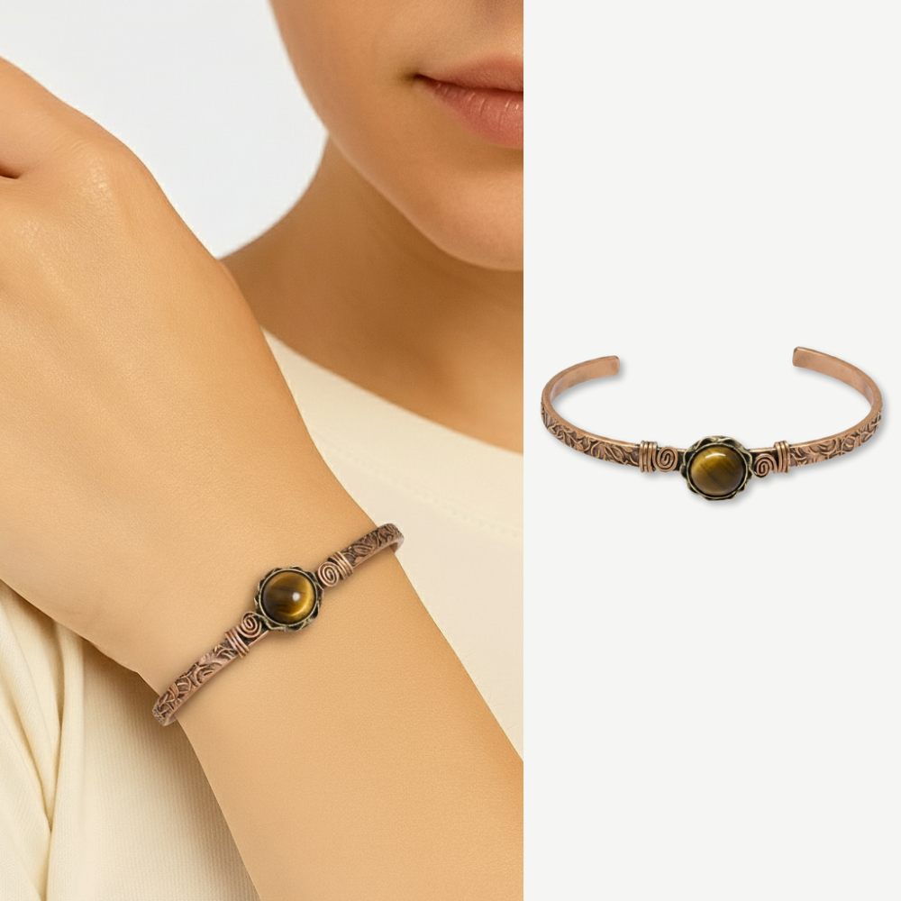 Kadın Bakır Bileklik - Kaplan Gözü Doğaltaşlı - Otantik Tasarım - Ayarlanabilir Yapı - 1