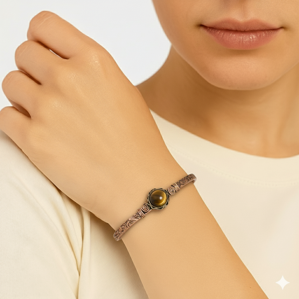 Kadın Bakır Bileklik - Kaplan Gözü Doğaltaşlı - Otantik Tasarım - Ayarlanabilir Yapı - 2