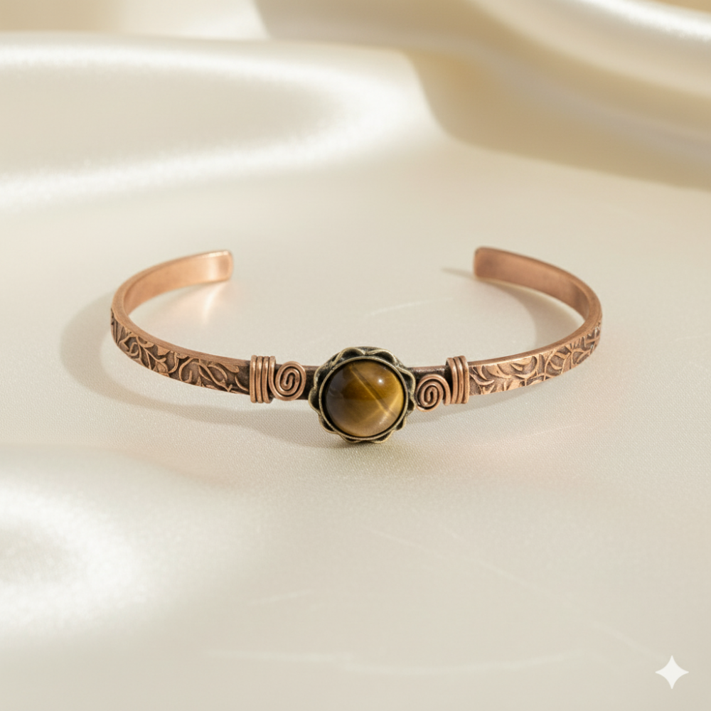 Kadın Bakır Bileklik - Kaplan Gözü Doğaltaşlı - Otantik Tasarım - Ayarlanabilir Yapı - 3