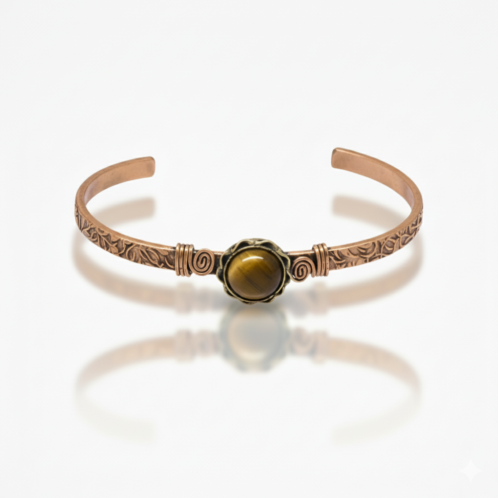 Kadın Bakır Bileklik - Kaplan Gözü Doğaltaşlı - Otantik Tasarım - Ayarlanabilir Yapı - 4